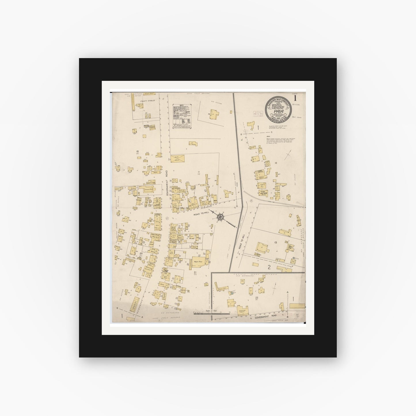 Old map wall art mockup — black gallery frame with white mat — Sanborn Fire Insurance Map from Paia, Maui County, Hawaii (1914) - Complete Map Set