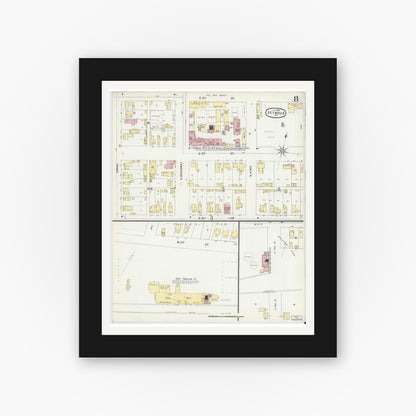 Old map wall art mockup — black gallery frame with white mat — Sanborn Fire Insurance Map from Seymour, Jackson County, Indiana (1896), Sheet #0008