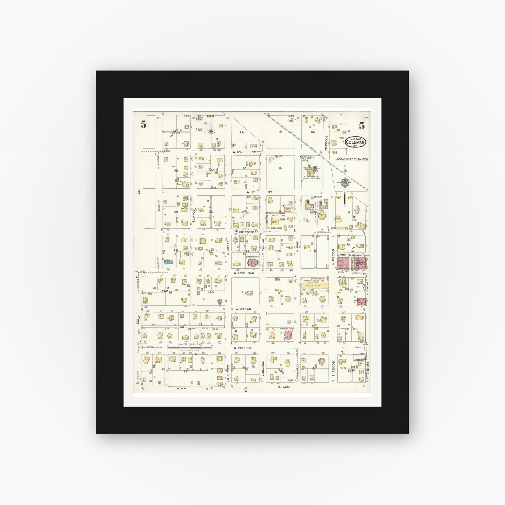 Old map wall art mockup — black gallery frame with white mat — Sanborn Fire Insurance Map from Coleman, Coleman County, Texas (1923), Sheet #0005