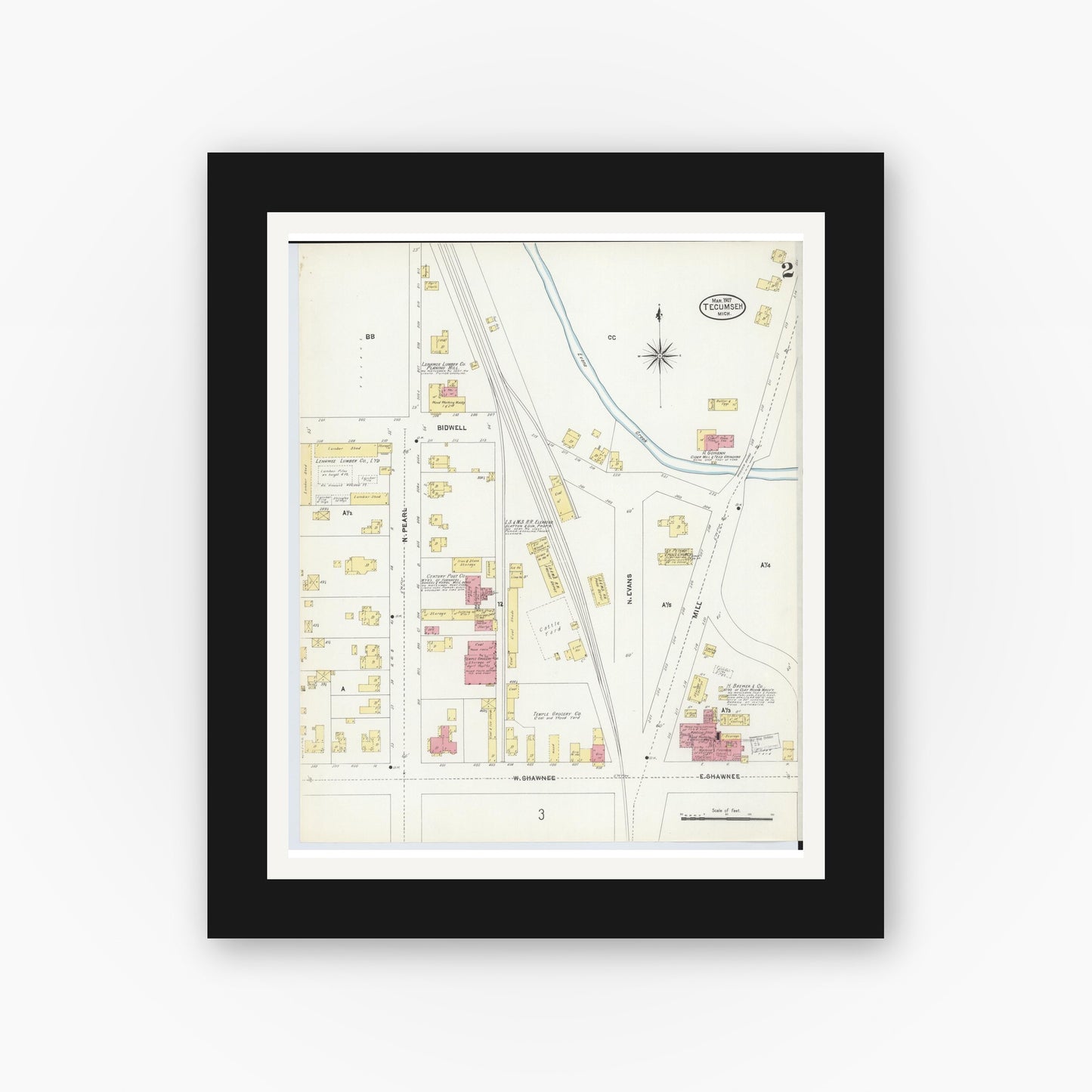 Old map wall art mockup — black gallery frame with white mat — Sanborn Fire Insurance Map from Tecumseh, Lenawee County, Michigan (1907), Sheet #0002
