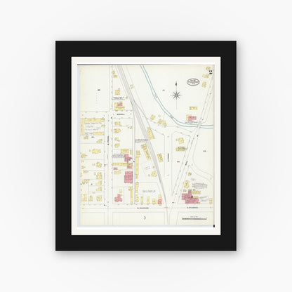 Old map wall art mockup — black gallery frame with white mat — Sanborn Fire Insurance Map from Tecumseh, Lenawee County, Michigan (1907), Sheet #0002
