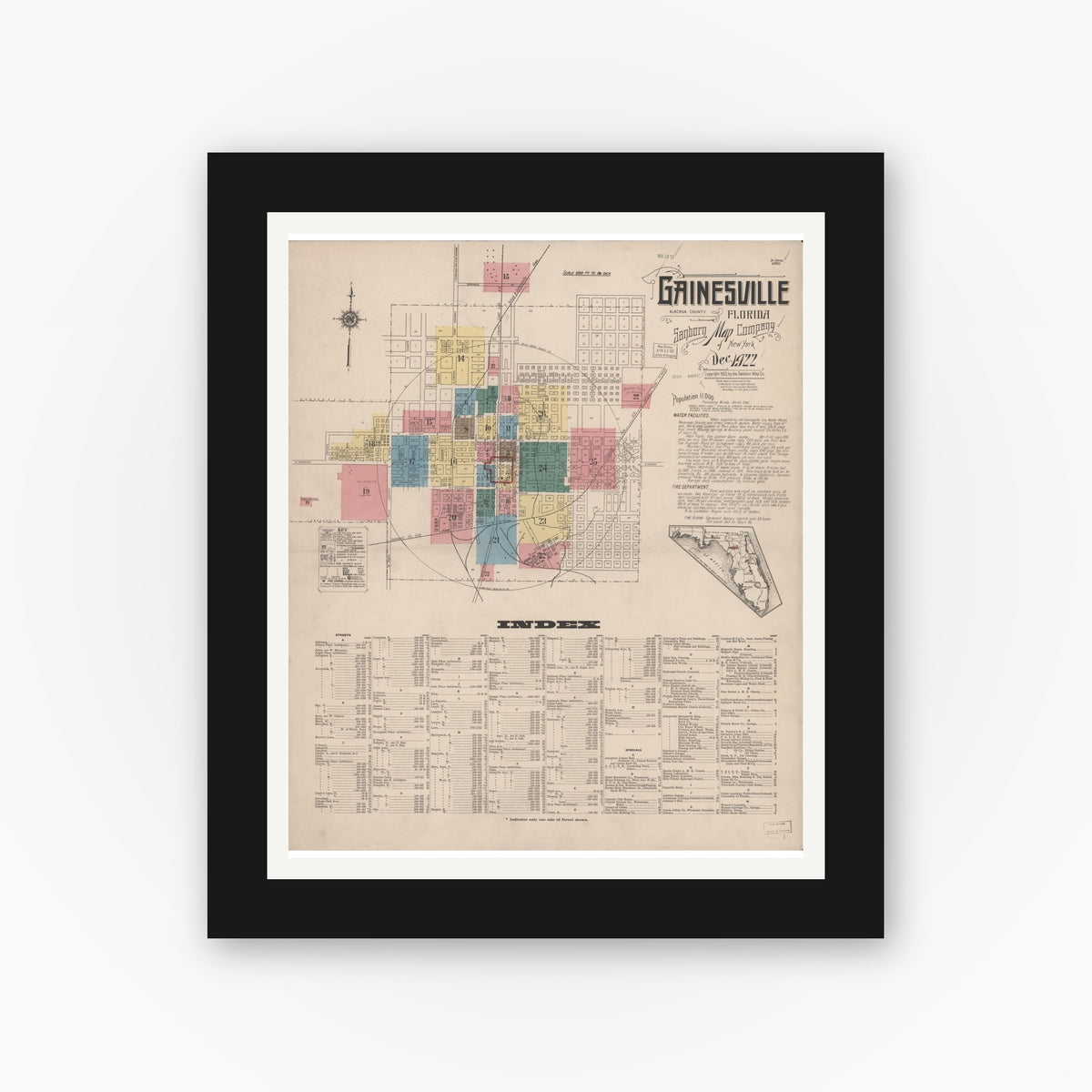 Old map wall art mockup — black gallery frame with white mat — Sanborn Fire Insurance Map from Gainesville, Alachua County, Florida (1922) - Complete Map Set