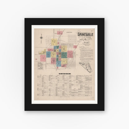 Old map wall art mockup — black gallery frame with white mat — Sanborn Fire Insurance Map from Gainesville, Alachua County, Florida (1922) - Complete Map Set