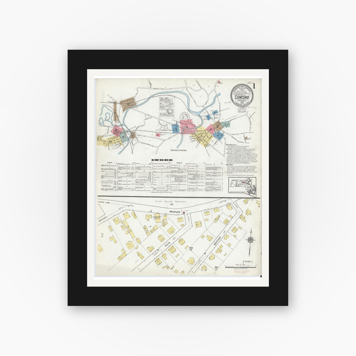 Old map wall art mockup — black gallery frame with white mat — Sanborn Fire Insurance Map from Concord, Middlesex County, Massachusetts (1918) - Complete Map Set