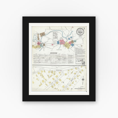 Old map wall art mockup — black gallery frame with white mat — Sanborn Fire Insurance Map from Concord, Middlesex County, Massachusetts (1918) - Complete Map Set