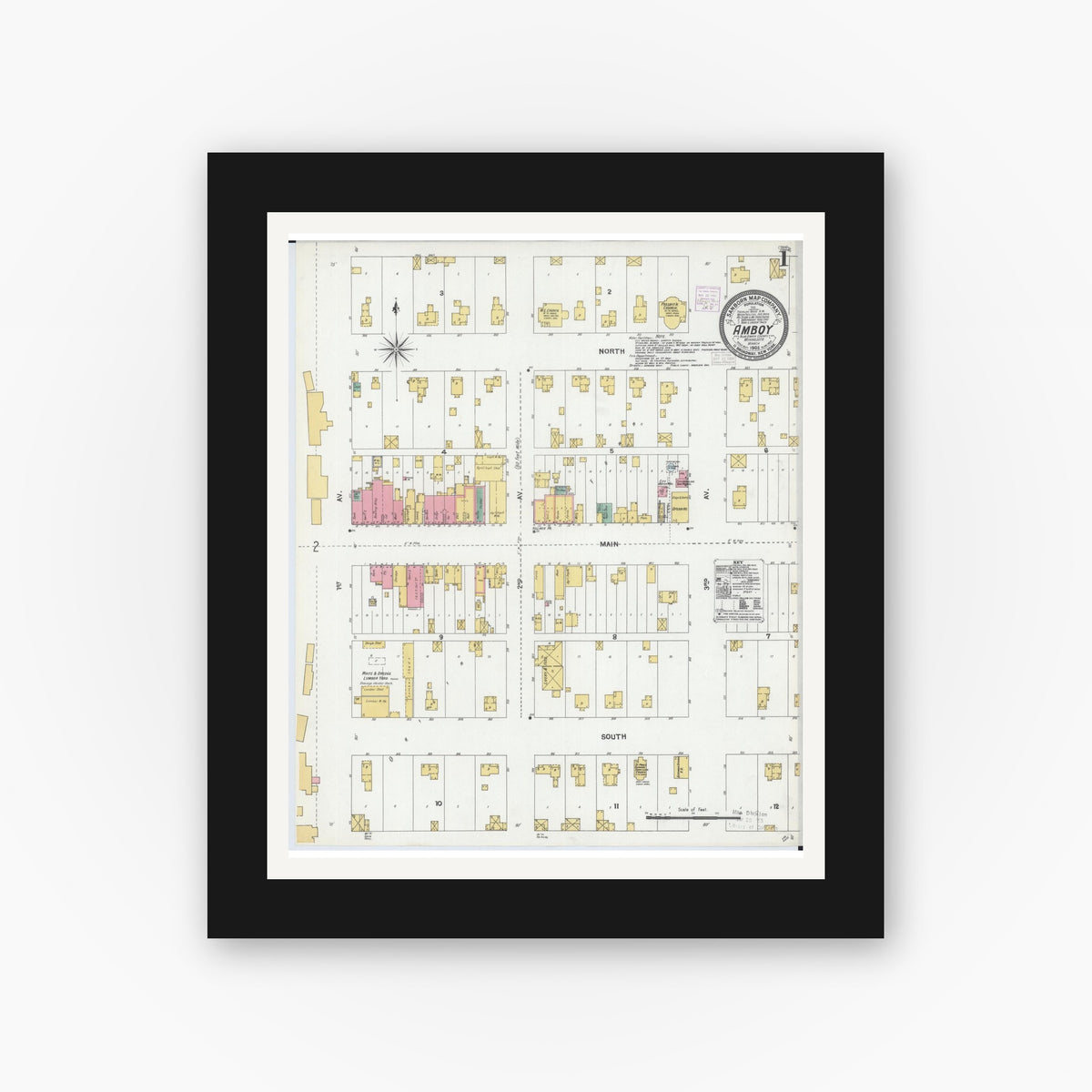 Old map wall art mockup — black gallery frame with white mat — Sanborn Fire Insurance Map from Amboy, Blue Earth County, Minnesota (1905) - Complete Map Set