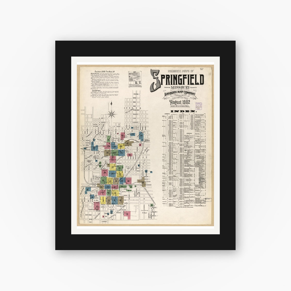 Old map wall art mockup — black gallery frame with white mat — Sanborn Fire Insurance Map from Springfield, Greene County, Missouri (1902), Sheet #0001