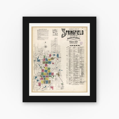 Old map wall art mockup — black gallery frame with white mat — Sanborn Fire Insurance Map from Springfield, Greene County, Missouri (1902), Sheet #0001
