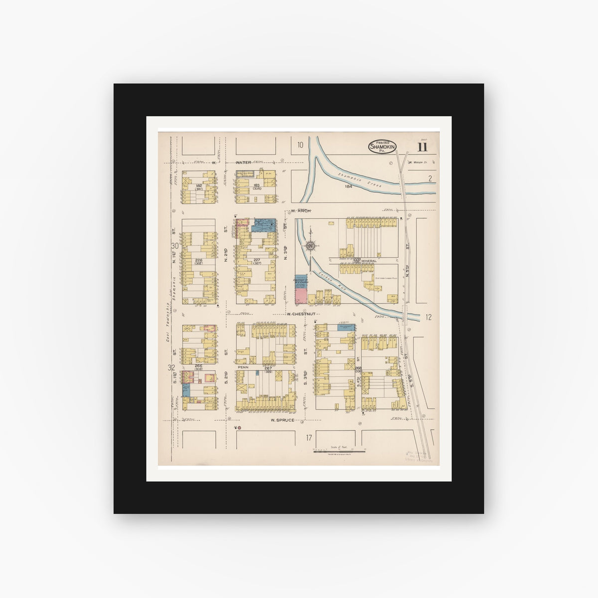 Old map wall art mockup — black gallery frame with white mat — Sanborn Fire Insurance Map from Shamokin, Northumberland County, Pennsylvania (1922), Sheet #0011