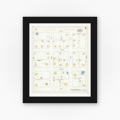 Old map wall art mockup — black gallery frame with white mat — Sanborn Fire Insurance Map from Quanah, Hardeman County, Texas (1908), Sheet #0002