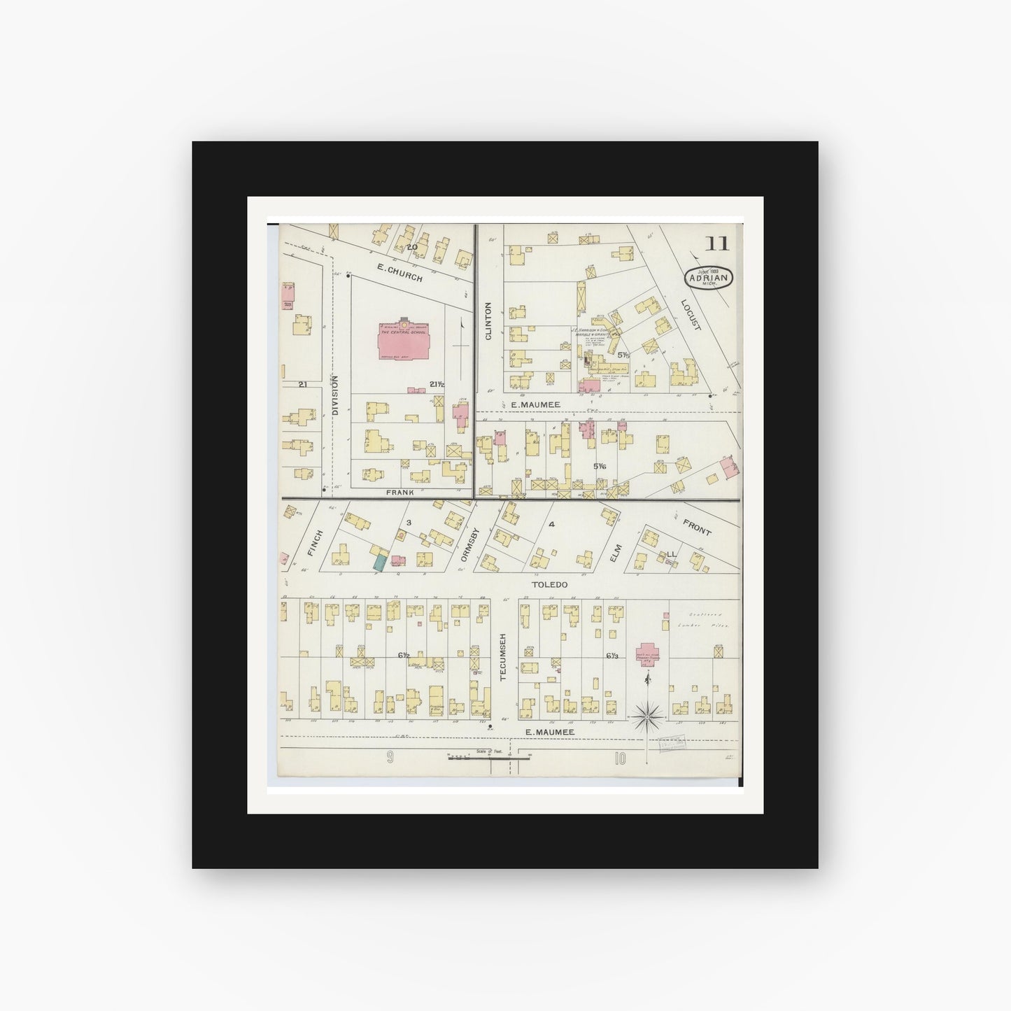 Old map wall art mockup — black gallery frame with white mat — Sanborn Fire Insurance Map from Adrian, Lenawee County, Michigan (1893), Sheet #0011