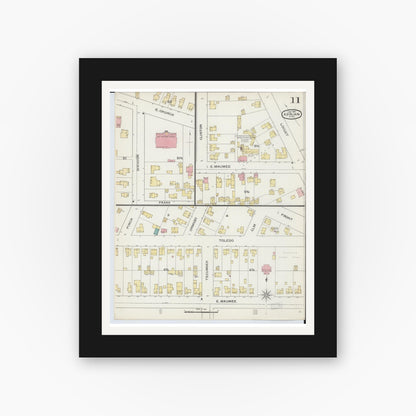 Old map wall art mockup — black gallery frame with white mat — Sanborn Fire Insurance Map from Adrian, Lenawee County, Michigan (1893), Sheet #0011