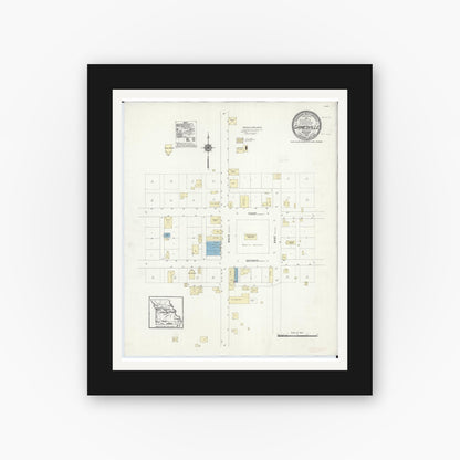 Old map wall art mockup — black gallery frame with white mat — Sanborn Fire Insurance Map from Gainesville, Ozark County, Missouri (1912), Sheet #0001
