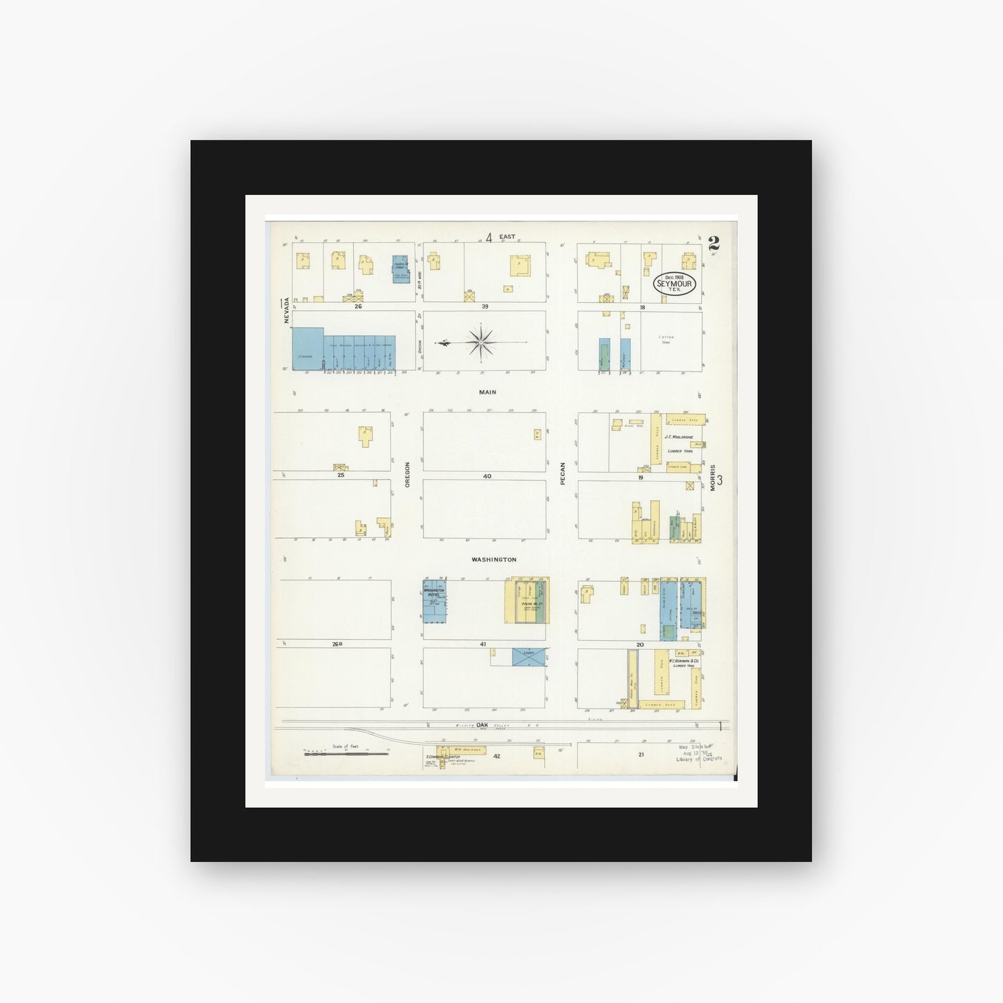 Old map wall art mockup — black gallery frame with white mat — Sanborn Fire Insurance Map from Seymour, Baylor County, Texas (1908), Sheet #0002