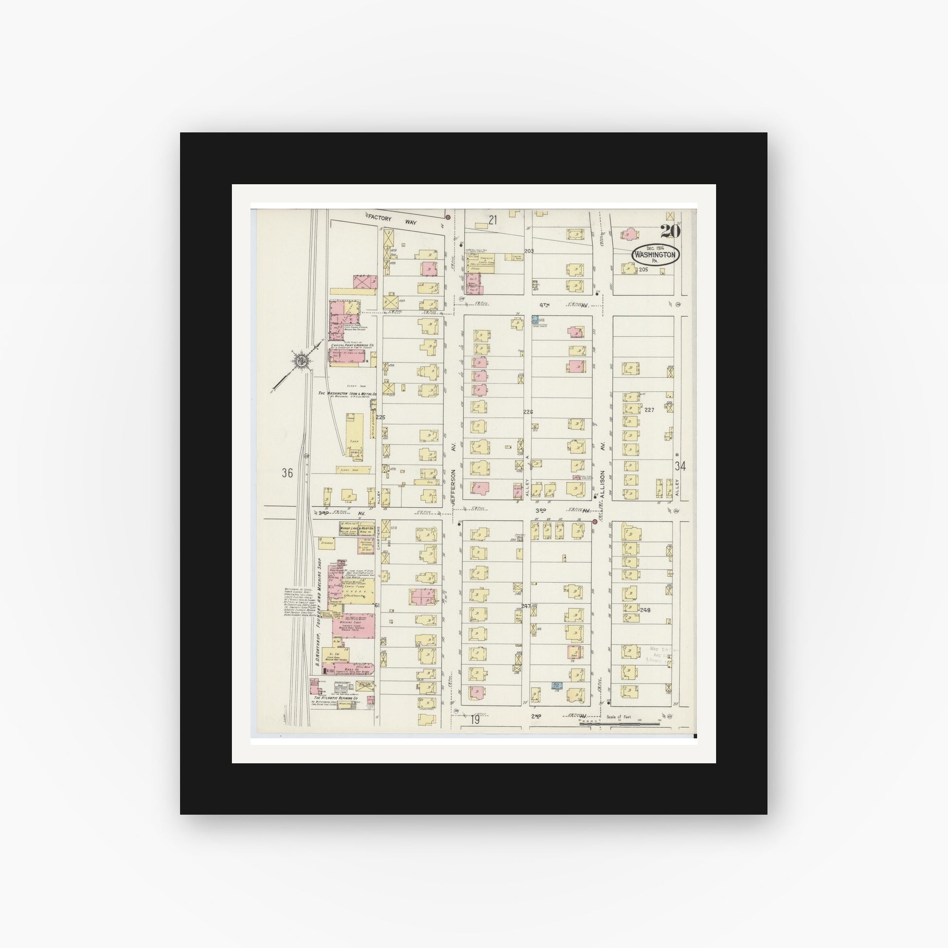 Old map wall art mockup — black gallery frame with white mat — Sanborn Fire Insurance Map from Washington, Washington County, Pennsylvania (1914), Sheet #0020