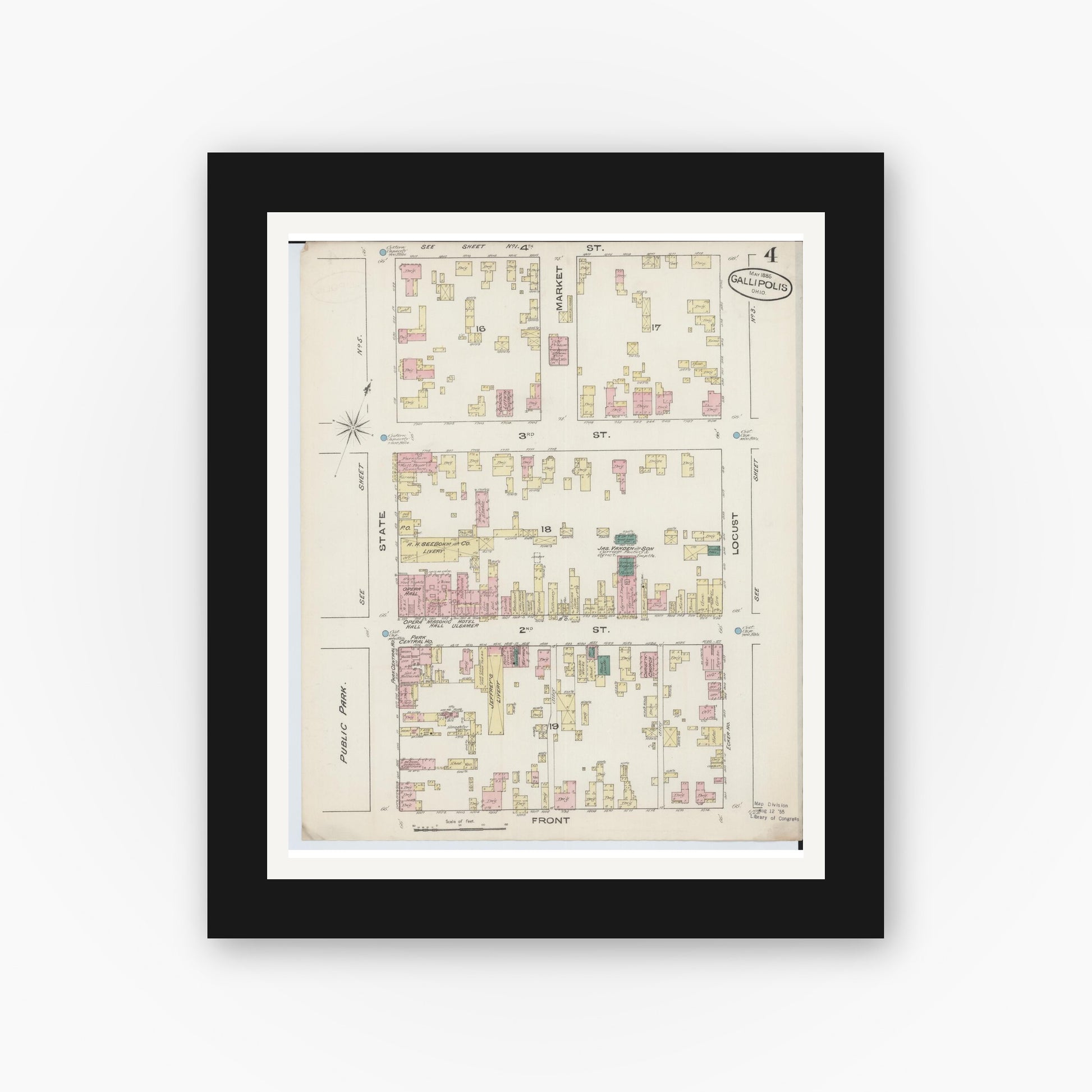 Old map wall art mockup — black gallery frame with white mat — Sanborn Fire Insurance Map from Gallipolis, Gallia County, Ohio (1885), Sheet #0004