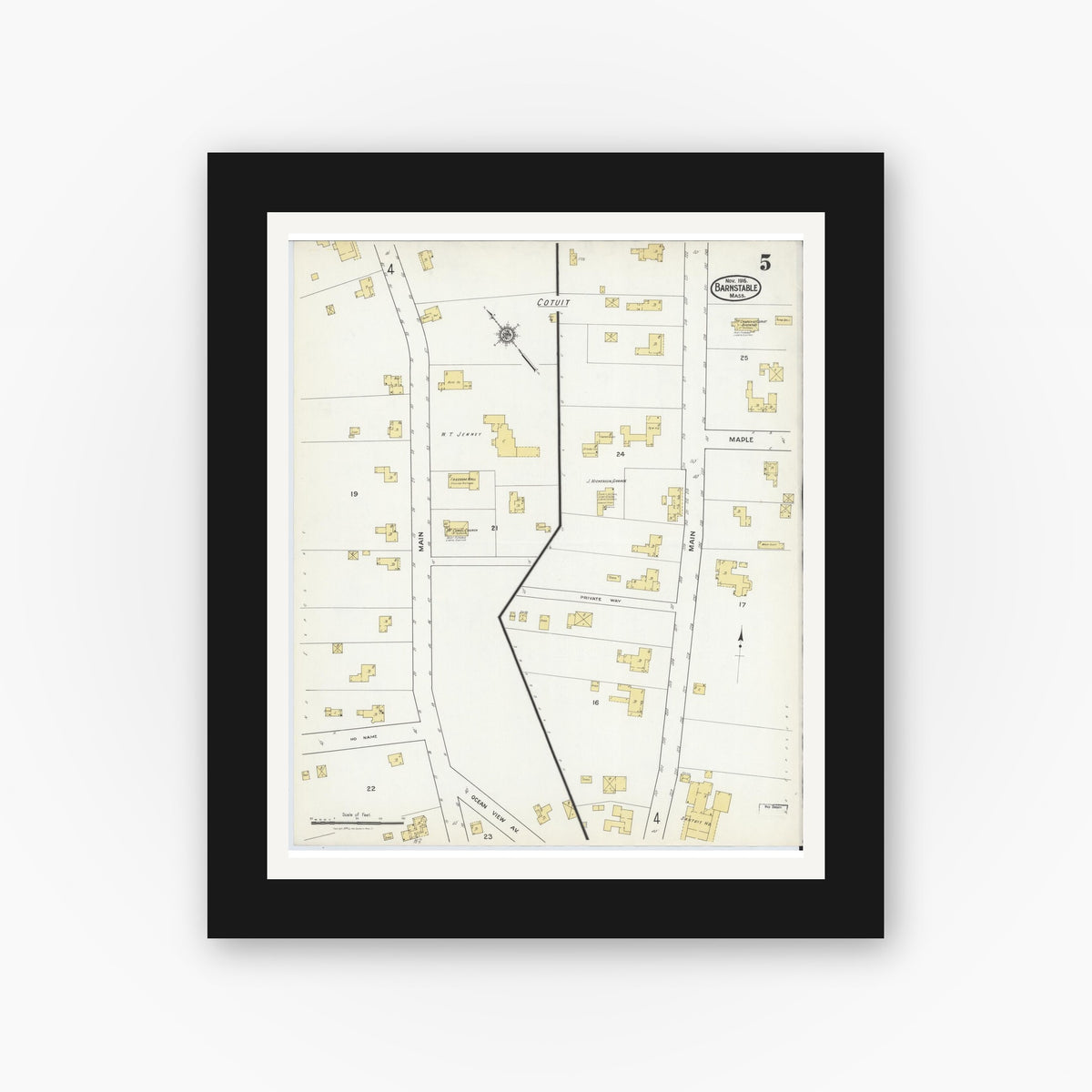 Old map wall art mockup — black gallery frame with white mat — Sanborn Fire Insurance Map from Barnstable, Barnstable County, Massachusetts (1916), Sheet #0005