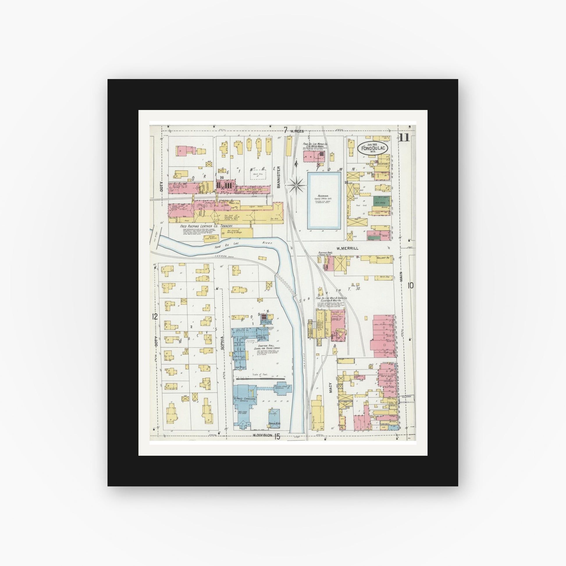 Old map wall art mockup — black gallery frame with white mat — Sanborn Fire Insurance Map from Fond du Lac, Fond du Lac County, Wisconsin (1902), Sheet #0011