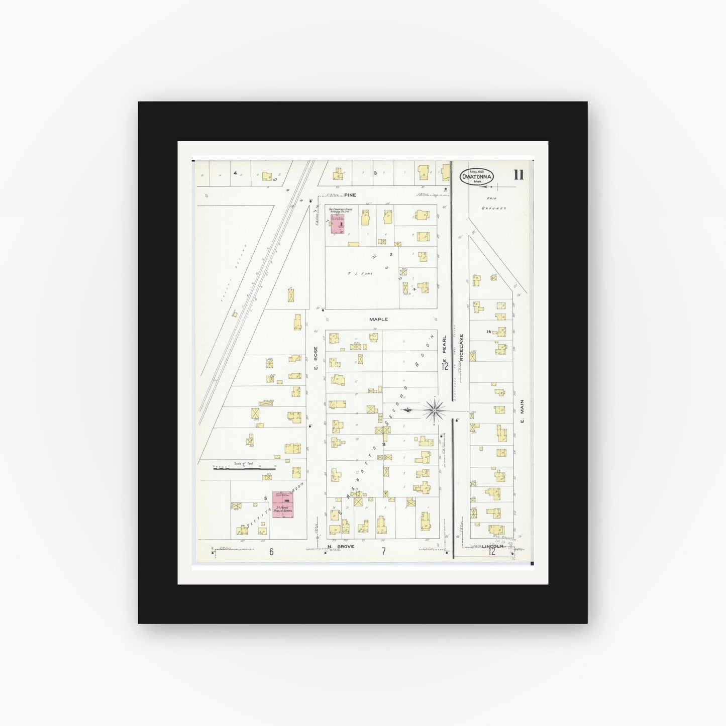 Old map wall art mockup — black gallery frame with white mat — Sanborn Fire Insurance Map from Owatonna, Steele County, Minnesota (1909), Sheet #0011