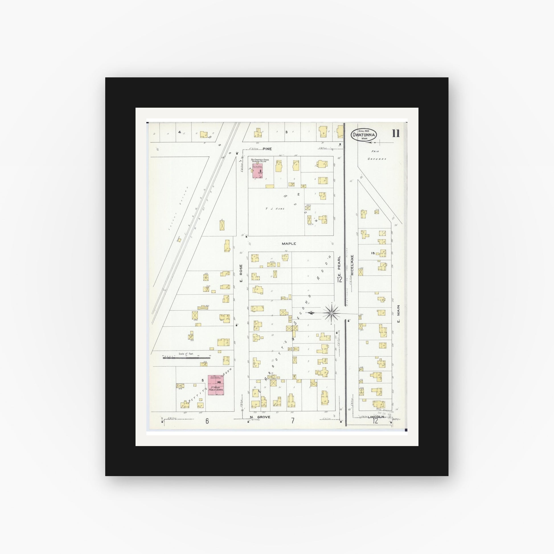 Old map wall art mockup — black gallery frame with white mat — Sanborn Fire Insurance Map from Owatonna, Steele County, Minnesota (1909), Sheet #0011