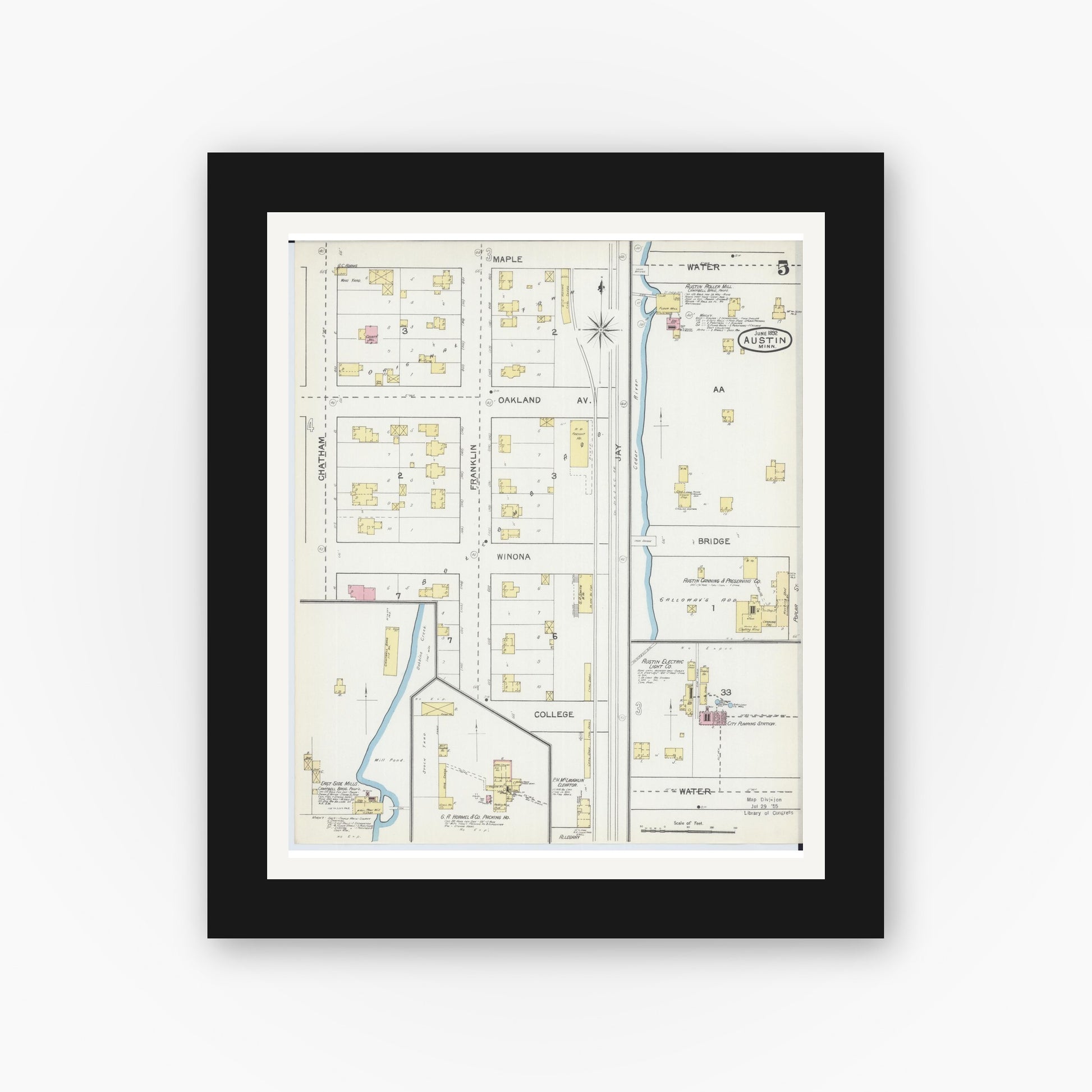 Old map wall art mockup — black gallery frame with white mat — Sanborn Fire Insurance Map from Austin, Mower County, Minnesota (1892), Sheet #0005