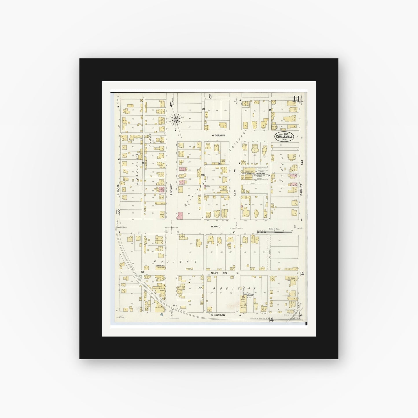 Old map wall art mockup — black gallery frame with white mat — Sanborn Fire Insurance Map from Circleville, Pickaway County, Ohio (1907), Sheet #0011