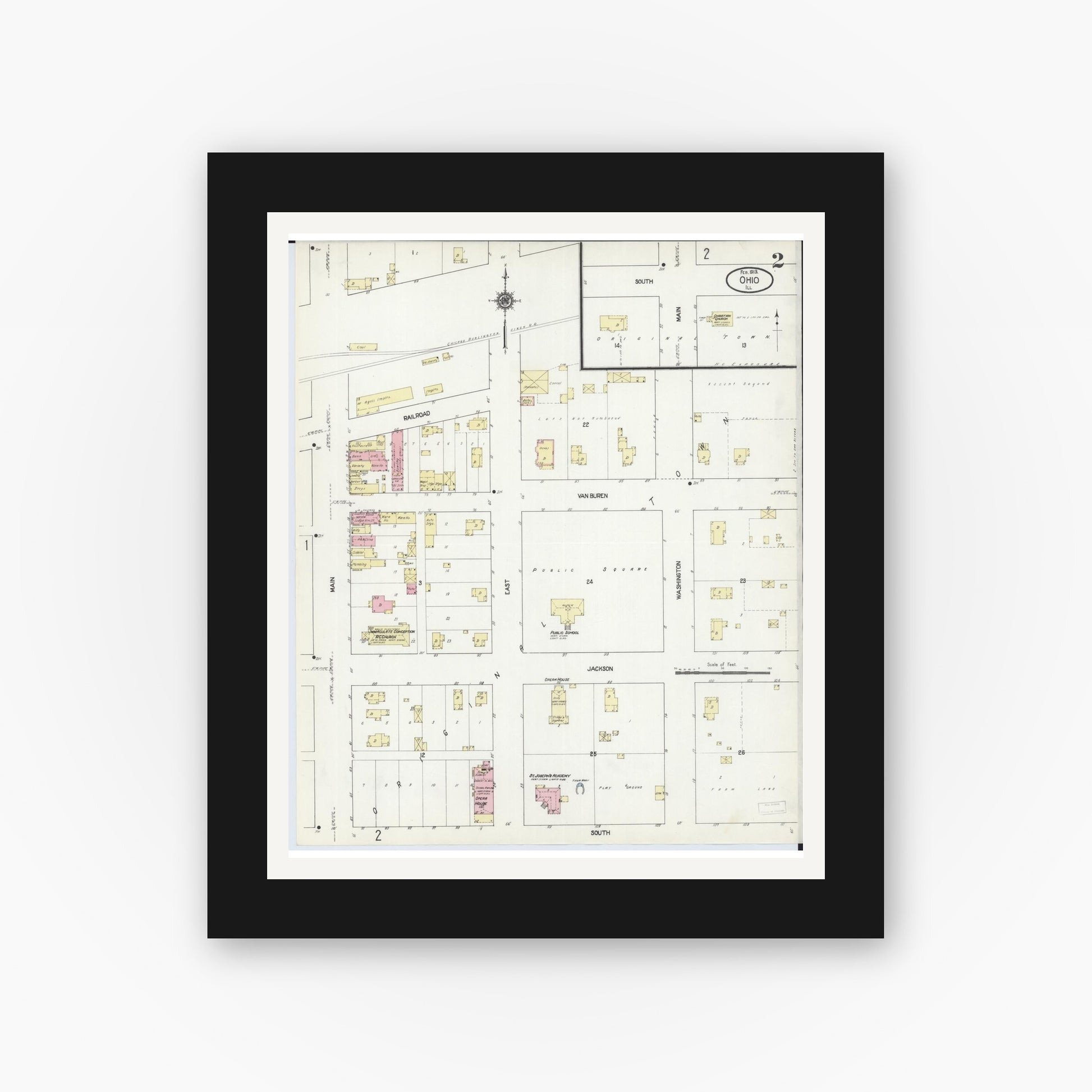 Old map wall art mockup — black gallery frame with white mat — Sanborn Fire Insurance Map from Ohio, Bureau County, Illinois (1913), Sheet #0002