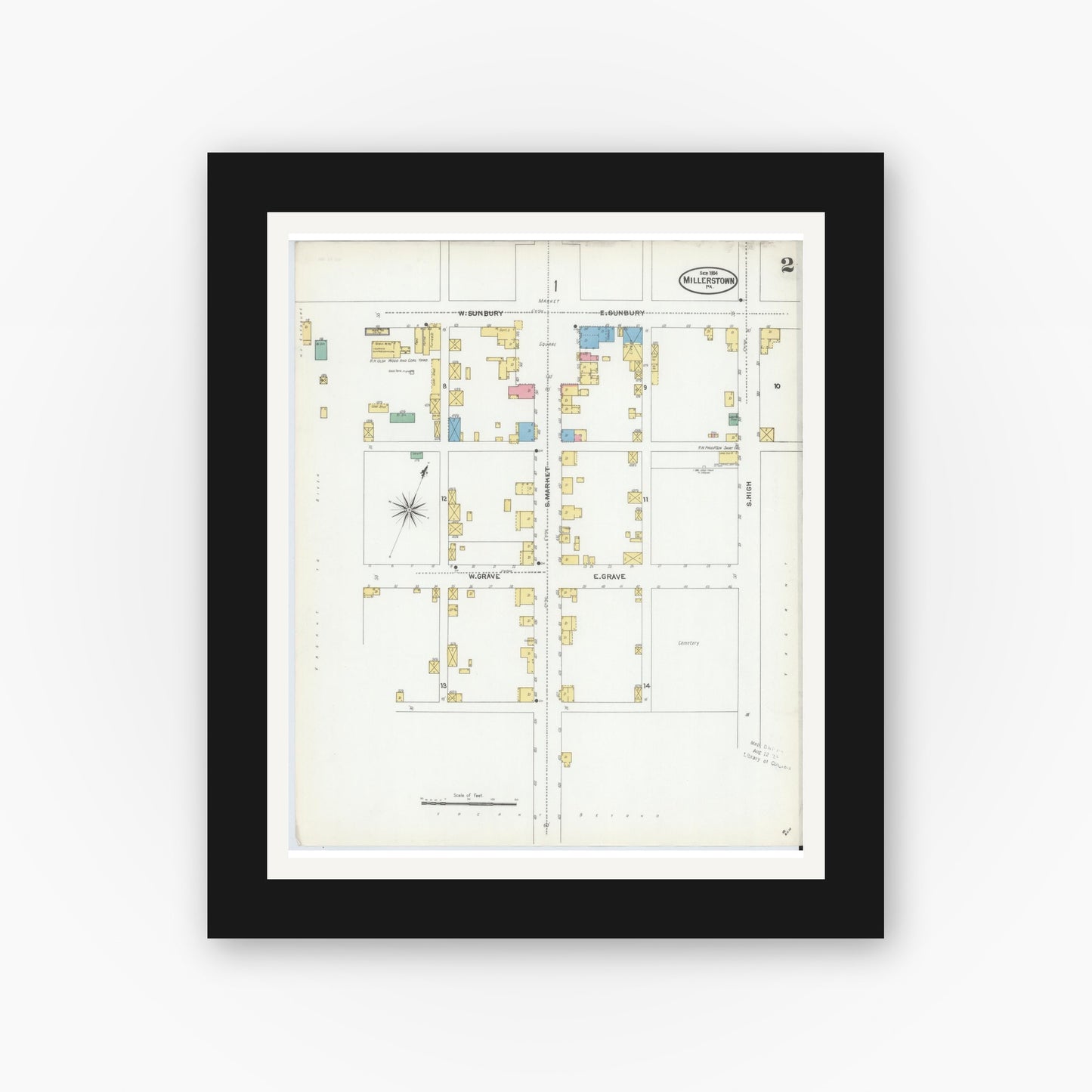 Old map wall art mockup — black gallery frame with white mat — Sanborn Fire Insurance Map from Millerstown, Perry County, Pennsylvania (1904), Sheet #0002