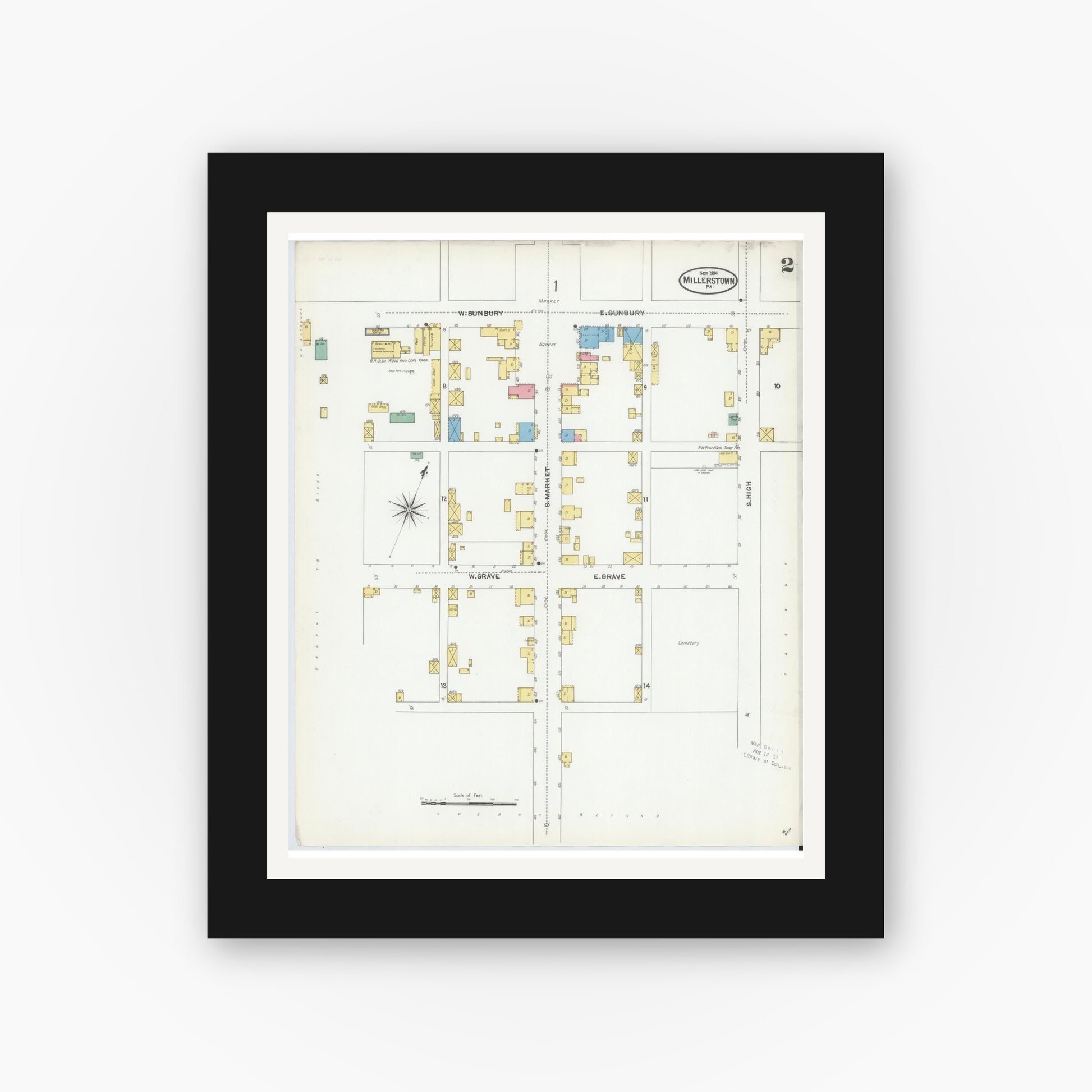 Old map wall art mockup — black gallery frame with white mat — Sanborn Fire Insurance Map from Millerstown, Perry County, Pennsylvania (1904), Sheet #0002