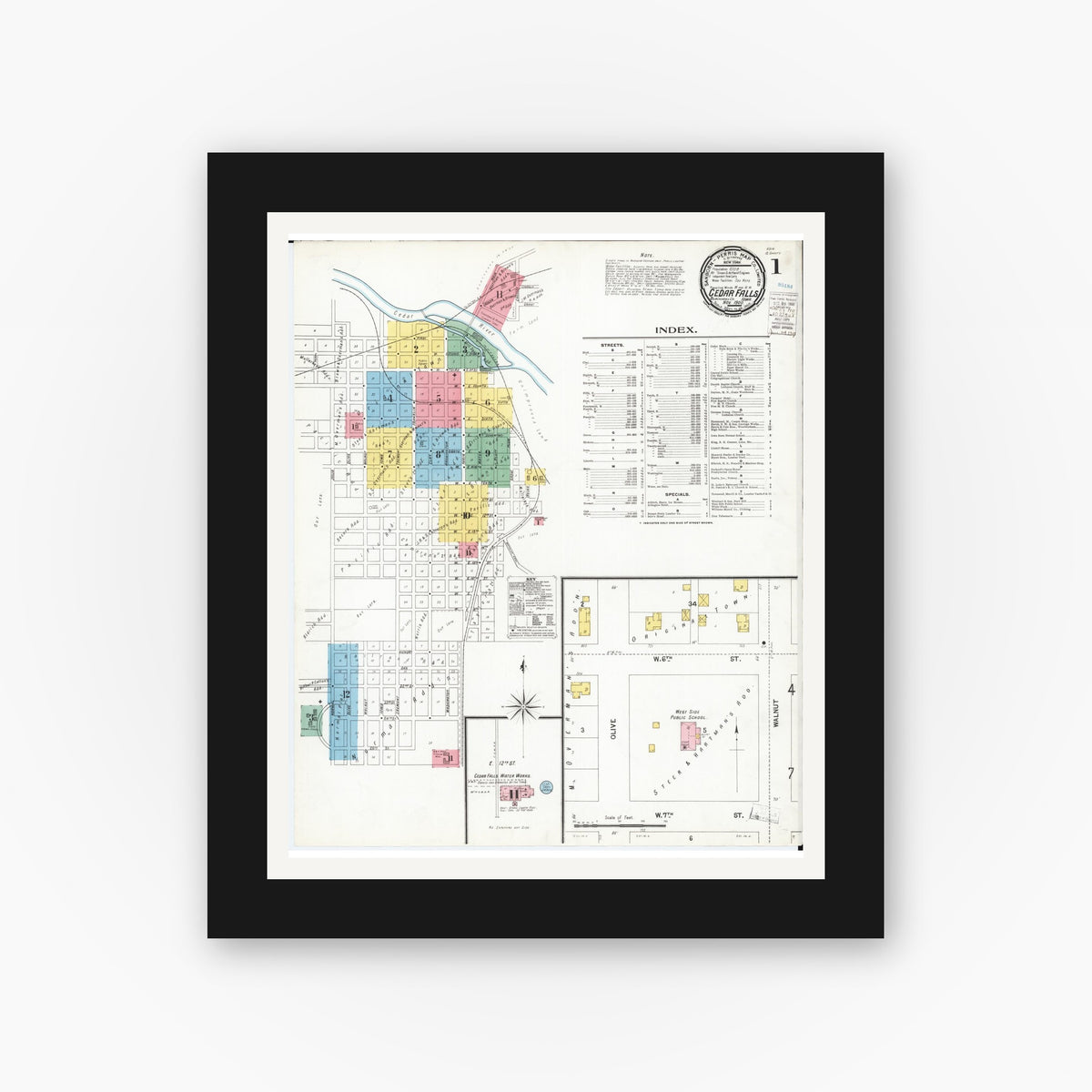 Old map wall art mockup — black gallery frame with white mat — Sanborn Fire Insurance Map from Cedar Falls, Black Hawk County, Iowa (1900) â€” Complete Set