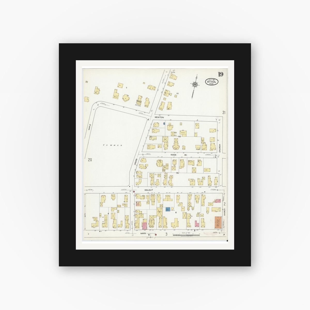Old map wall art mockup — black gallery frame with white mat — Sanborn Fire Insurance Map from Athol, Worcester County, Massachusetts (1917), Sheet #0019