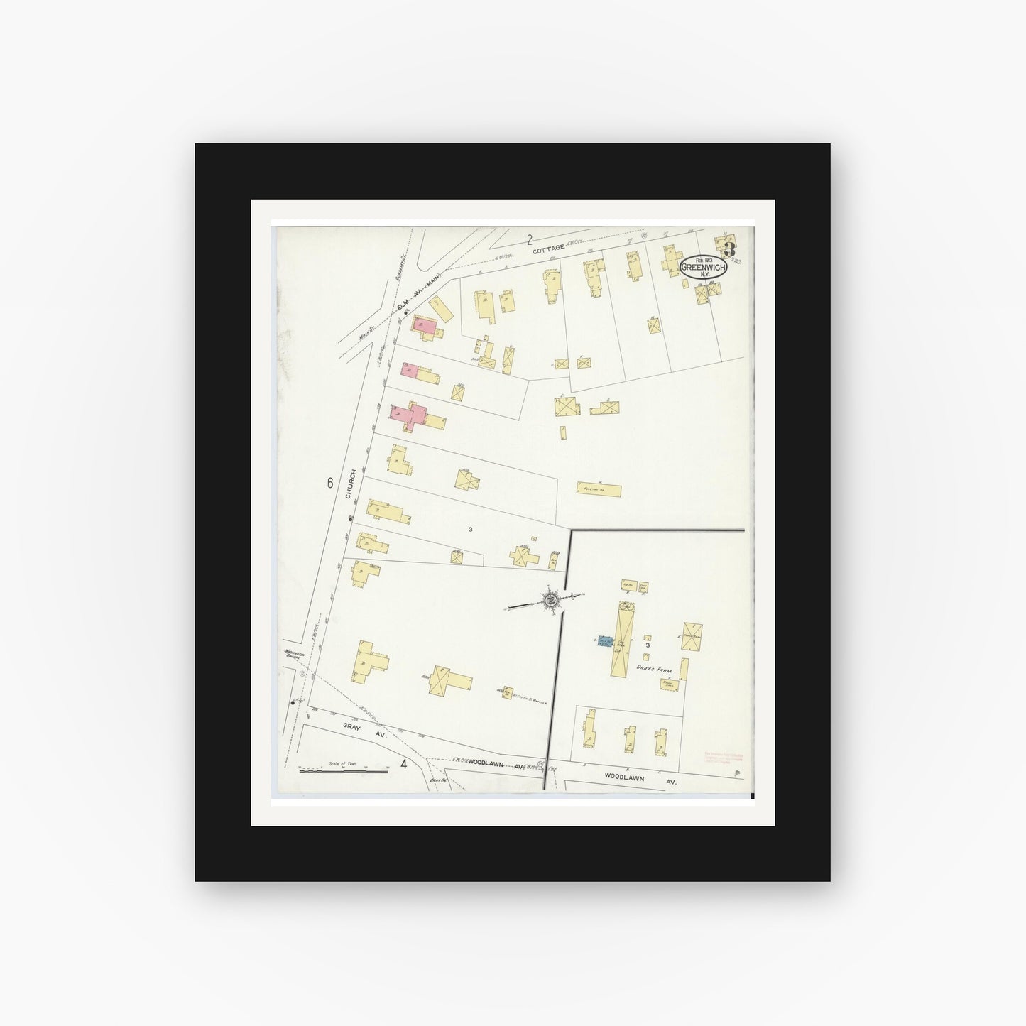 Old map wall art mockup — black gallery frame with white mat — Sanborn Fire Insurance Map from Greenwich, Washington County, New York (1913), Sheet #0003
