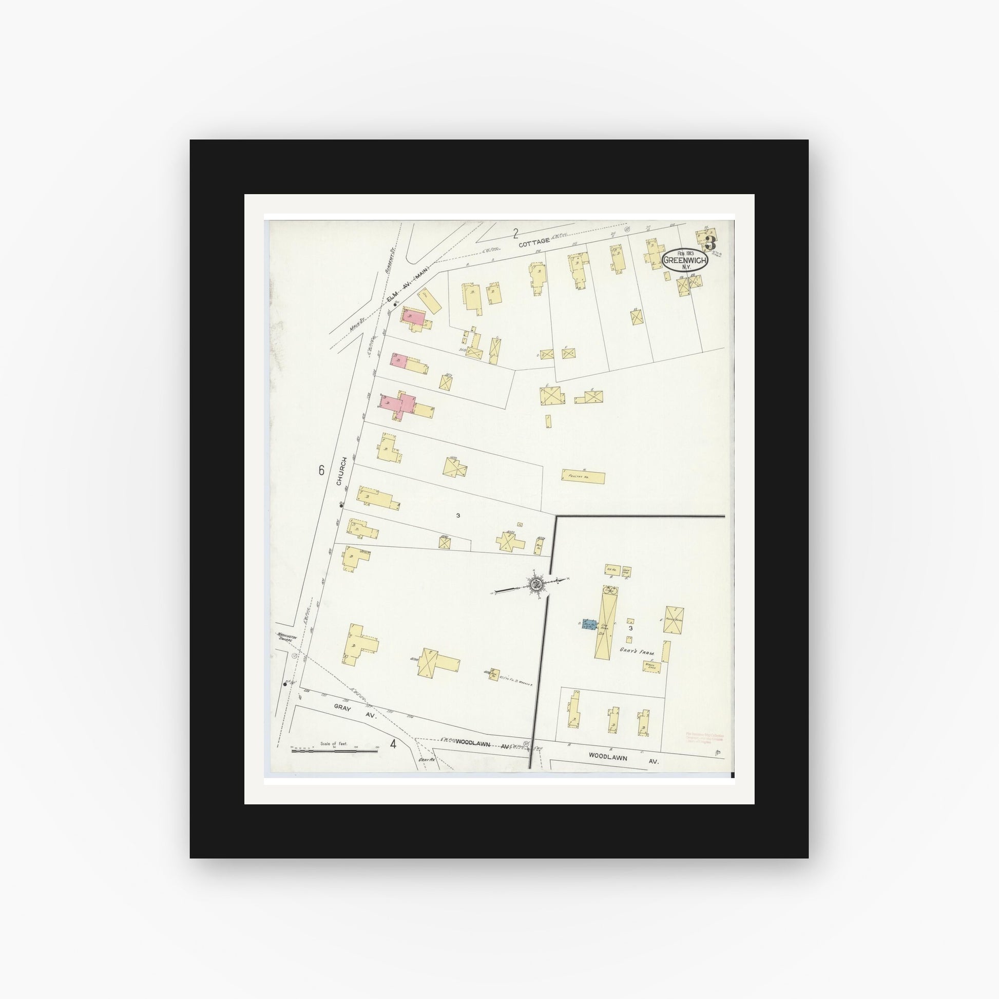 Old map wall art mockup — black gallery frame with white mat — Sanborn Fire Insurance Map from Greenwich, Washington County, New York (1913), Sheet #0003