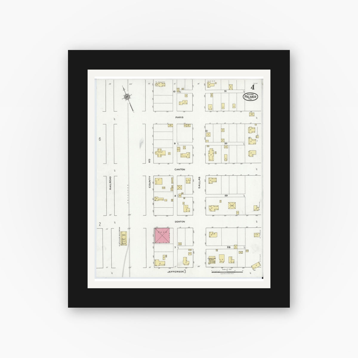 Old map wall art mockup — black gallery frame with white mat — Sanborn Fire Insurance Map from Palmer, Ellis County, Texas (1921), Sheet #0004