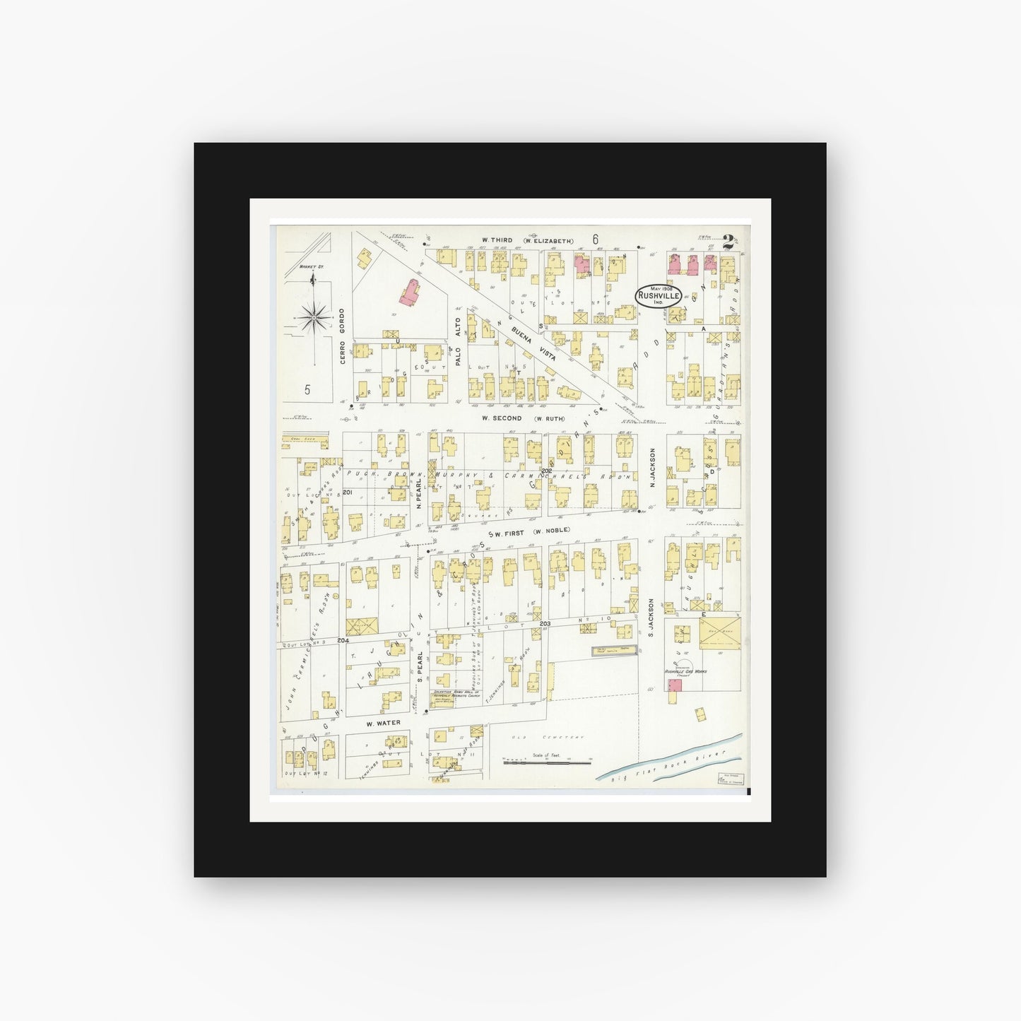 Old map wall art mockup — black gallery frame with white mat — Sanborn Fire Insurance Map from Rushville, Rush County, Indiana (1908), Sheet #0002
