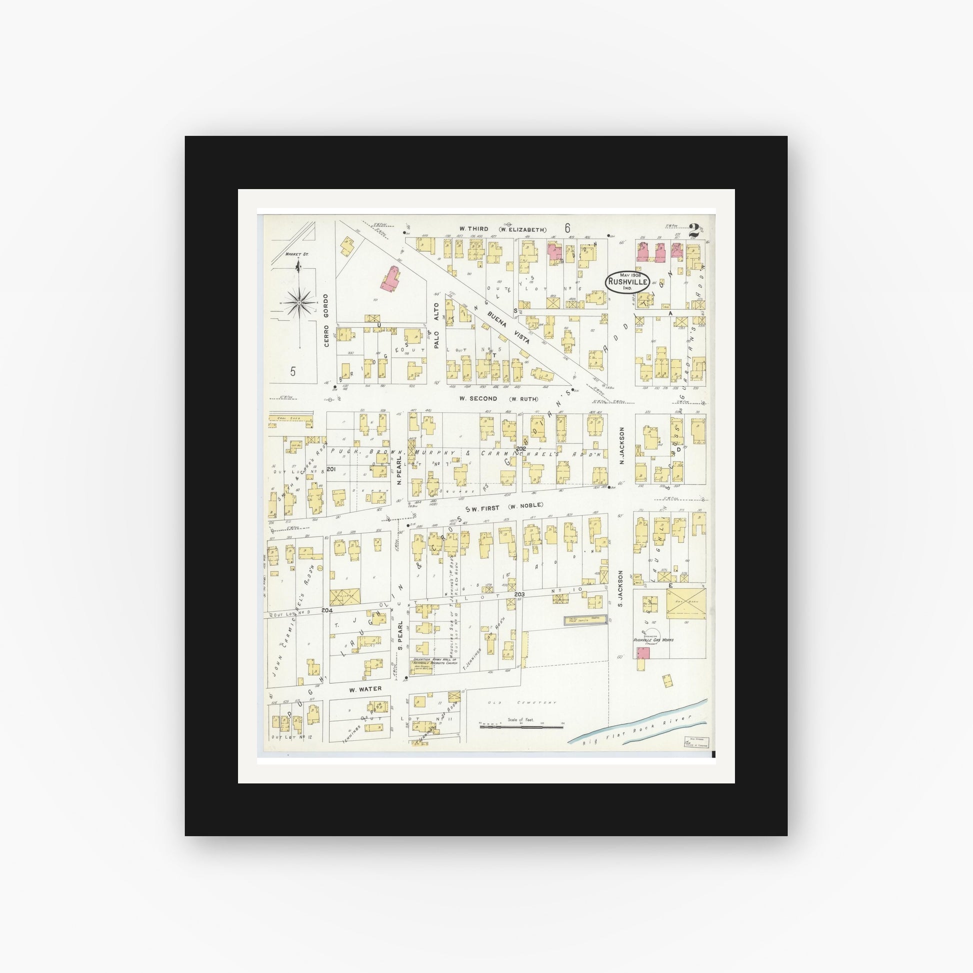 Old map wall art mockup — black gallery frame with white mat — Sanborn Fire Insurance Map from Rushville, Rush County, Indiana (1908), Sheet #0002
