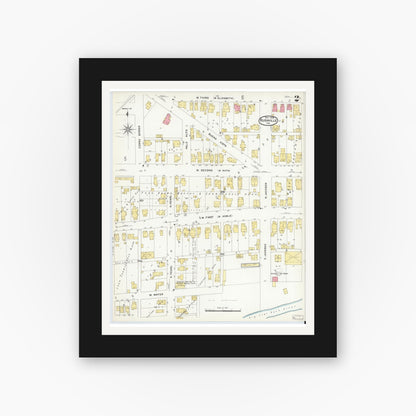 Old map wall art mockup — black gallery frame with white mat — Sanborn Fire Insurance Map from Rushville, Rush County, Indiana (1908), Sheet #0002
