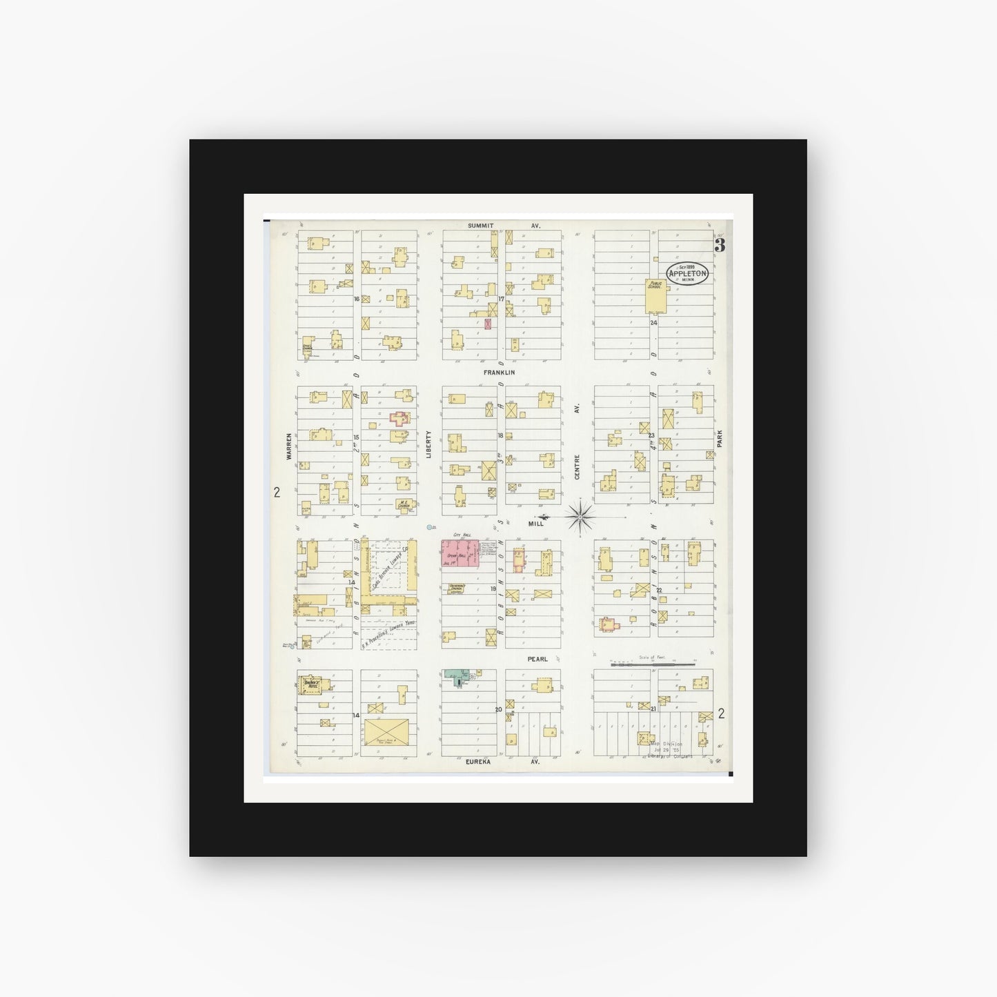 Old map wall art mockup — black gallery frame with white mat — Sanborn Fire Insurance Map from Appleton, Swift County, Minnesota (1899), Sheet #0003