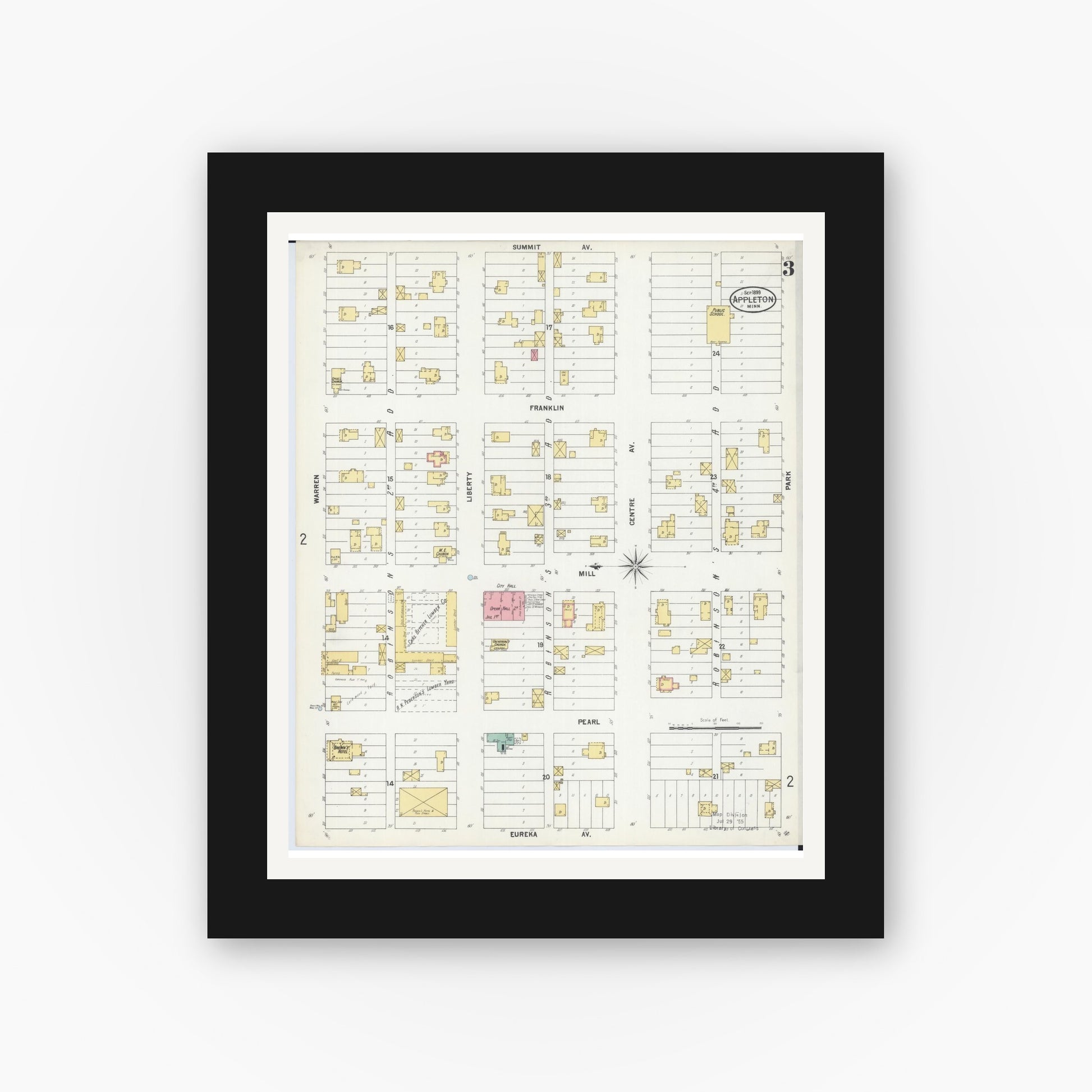 Old map wall art mockup — black gallery frame with white mat — Sanborn Fire Insurance Map from Appleton, Swift County, Minnesota (1899), Sheet #0003