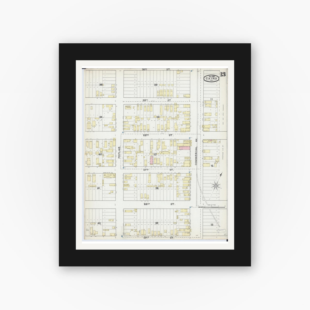 Old map wall art mockup — black gallery frame with white mat — Sanborn Fire Insurance Map from Cairo, Alexander County, Illinois (1891), Sheet #0013