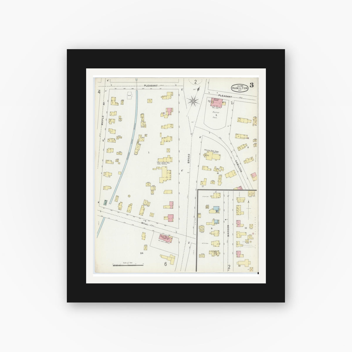 Old map wall art mockup — black gallery frame with white mat — Sanborn Fire Insurance Map from Hamilton, Madison County, New York (1896), Sheet #0003
