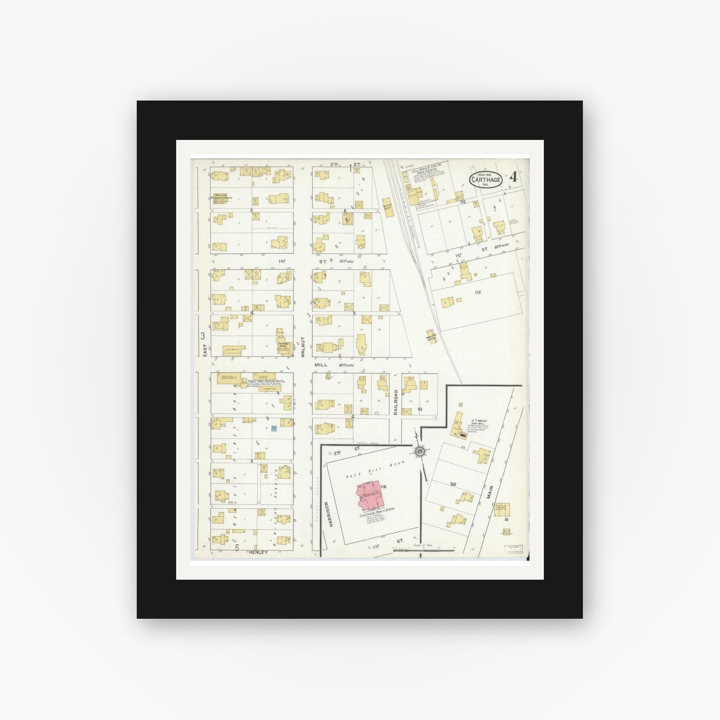 Old map wall art mockup — black gallery frame with white mat — Sanborn Fire Insurance Map from Carthage, Rush County, Indiana (1916), Sheet #0004