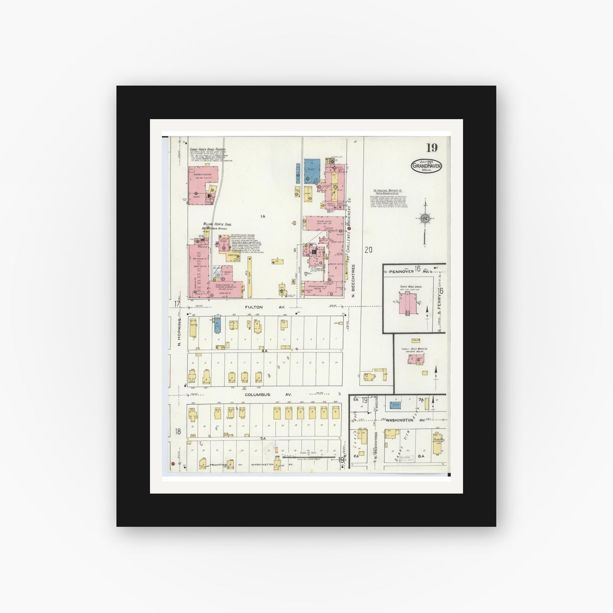 Old map wall art mockup — black gallery frame with white mat — Sanborn Fire Insurance Map from Grand Haven, Ottawa County, Michigan (1920), Sheet #0019
