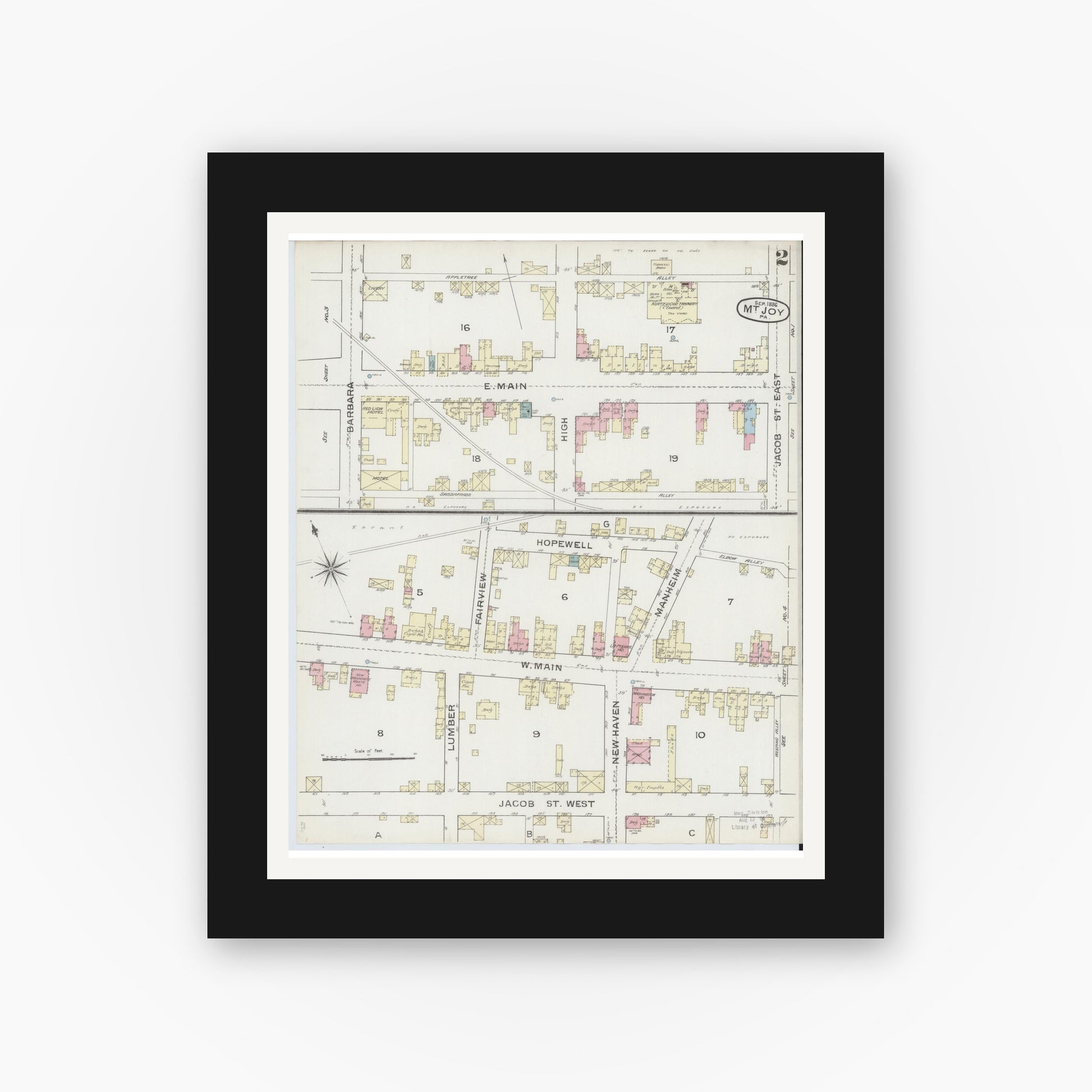 Old map wall art mockup — black gallery frame with white mat — Sanborn Fire Insurance Map from Mount Joy, Lancaster County, Pennsylvania (1886), Sheet #0002
