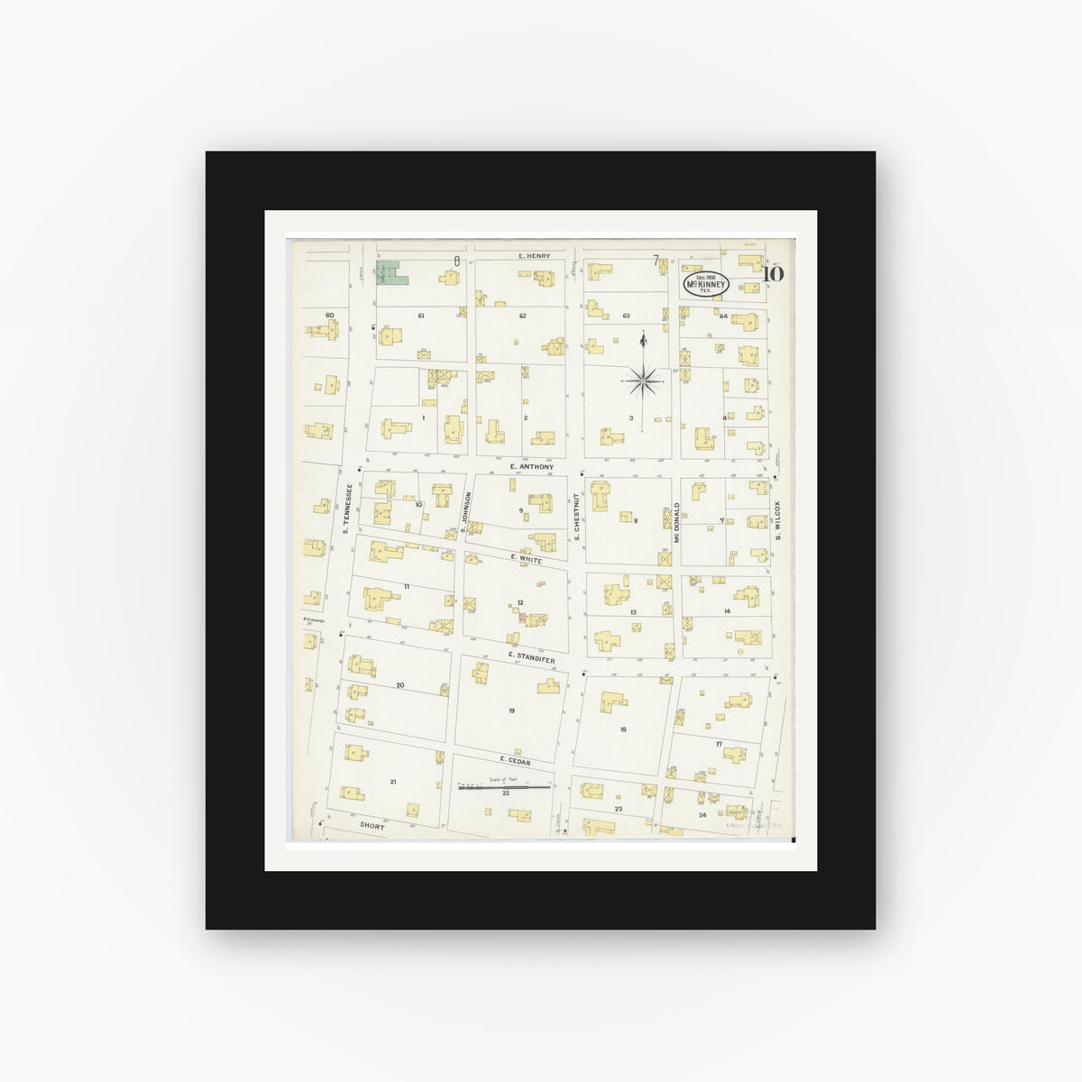 Old map wall art mockup — black gallery frame with white mat — Sanborn Fire Insurance Map from McKinney, Collin County, Texas (1908), Sheet #0010