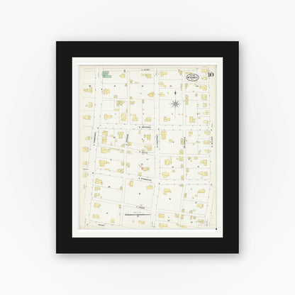 Old map wall art mockup — black gallery frame with white mat — Sanborn Fire Insurance Map from McKinney, Collin County, Texas (1908), Sheet #0010