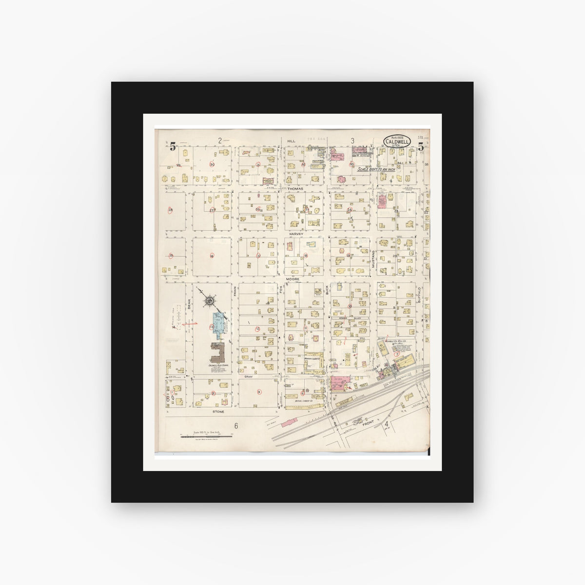 Old map wall art mockup — black gallery frame with white mat — Sanborn Fire Insurance Map from Caldwell, Burleson County, Texas (1943), Sheet #0005