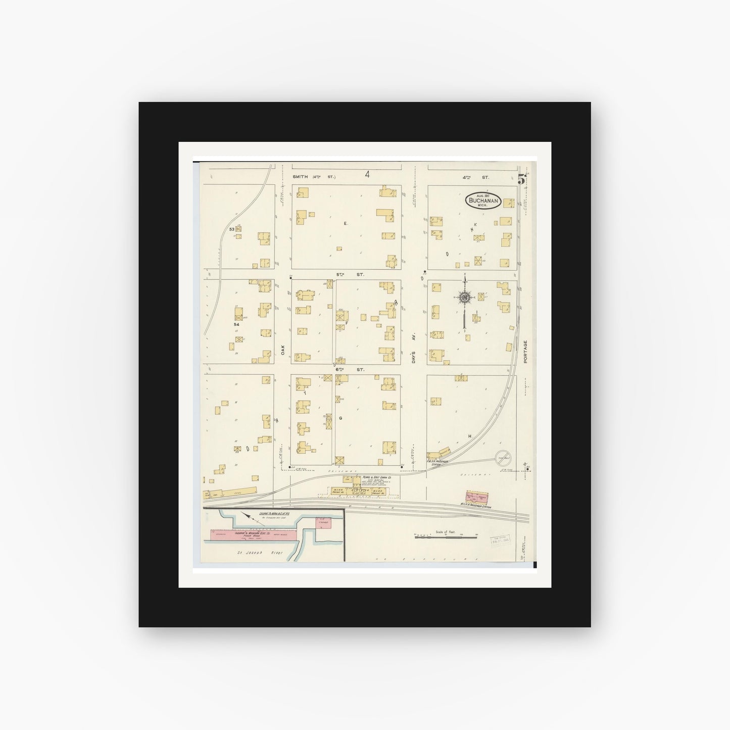 Old map wall art mockup — black gallery frame with white mat — Sanborn Fire Insurance Map from Buchanan, Berrien County, Michigan (1911), Sheet #0005
