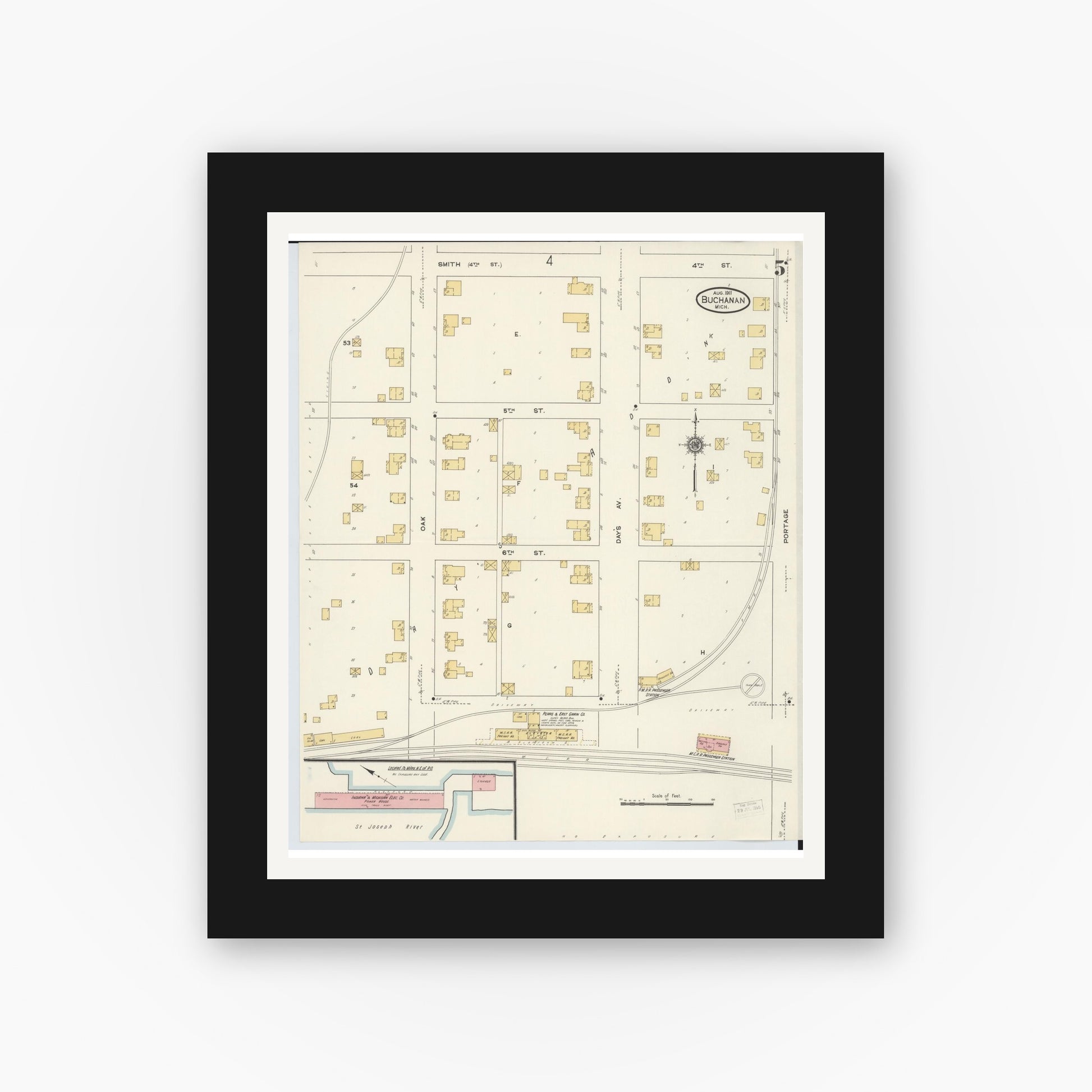 Old map wall art mockup — black gallery frame with white mat — Sanborn Fire Insurance Map from Buchanan, Berrien County, Michigan (1911), Sheet #0005