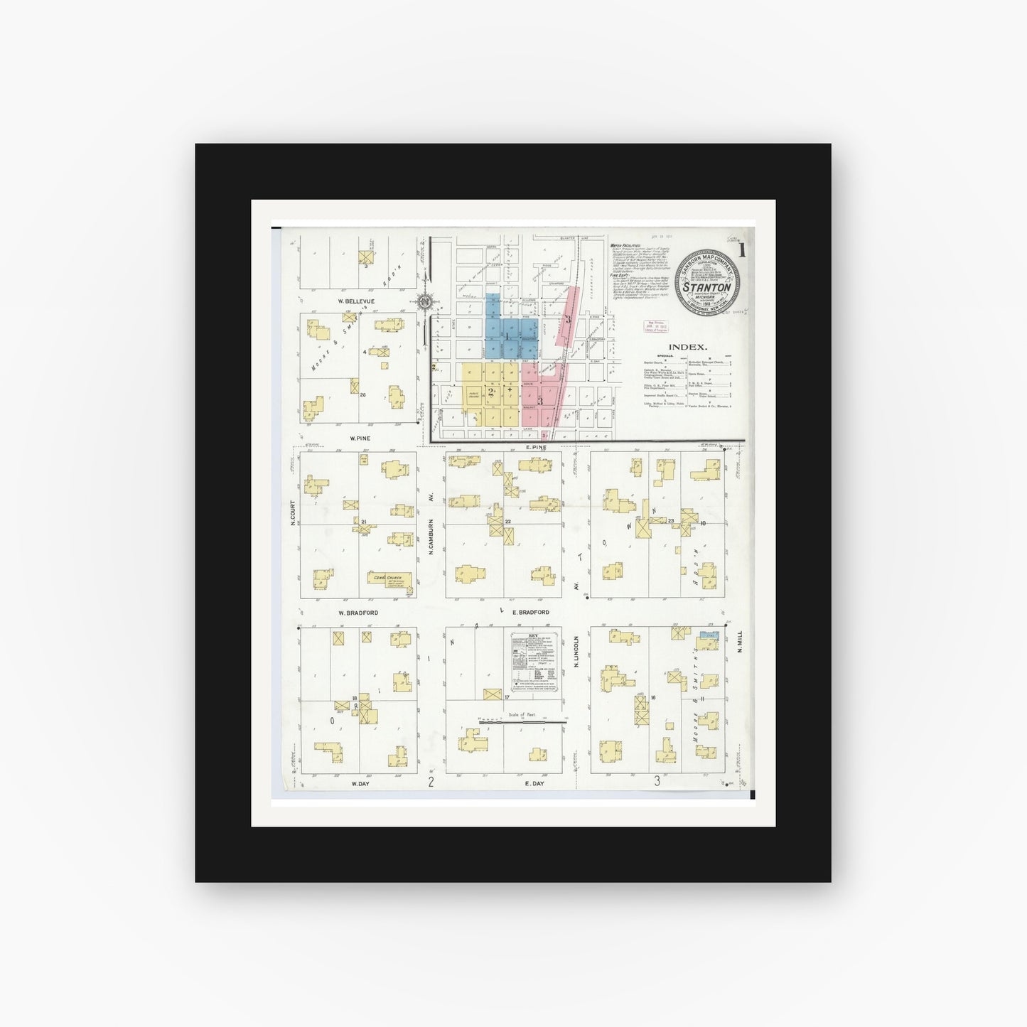 Old map wall art mockup — black gallery frame with white mat — Sanborn Fire Insurance Map from Stanton, Montcalm County, Michigan (1911), Sheet #0001